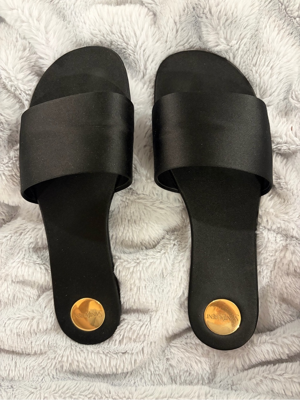 Saint Laurent Black Slide Sandals with Gold Medallion